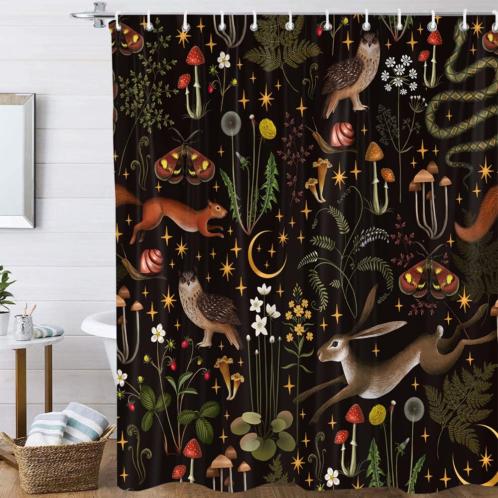 Fairy Rustic Forest Shower Curtain, Boho Cute Funny Gothic Vintage Mushrooms Woodland Wild Animals Butterfly Shower Curtain For