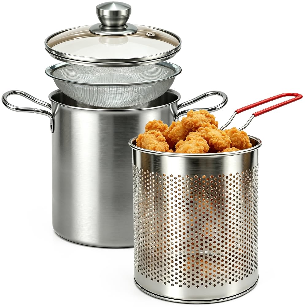 Moryimi Stainless Steel Deep Fryer Pot with Basket and Oil Strainer 3L
