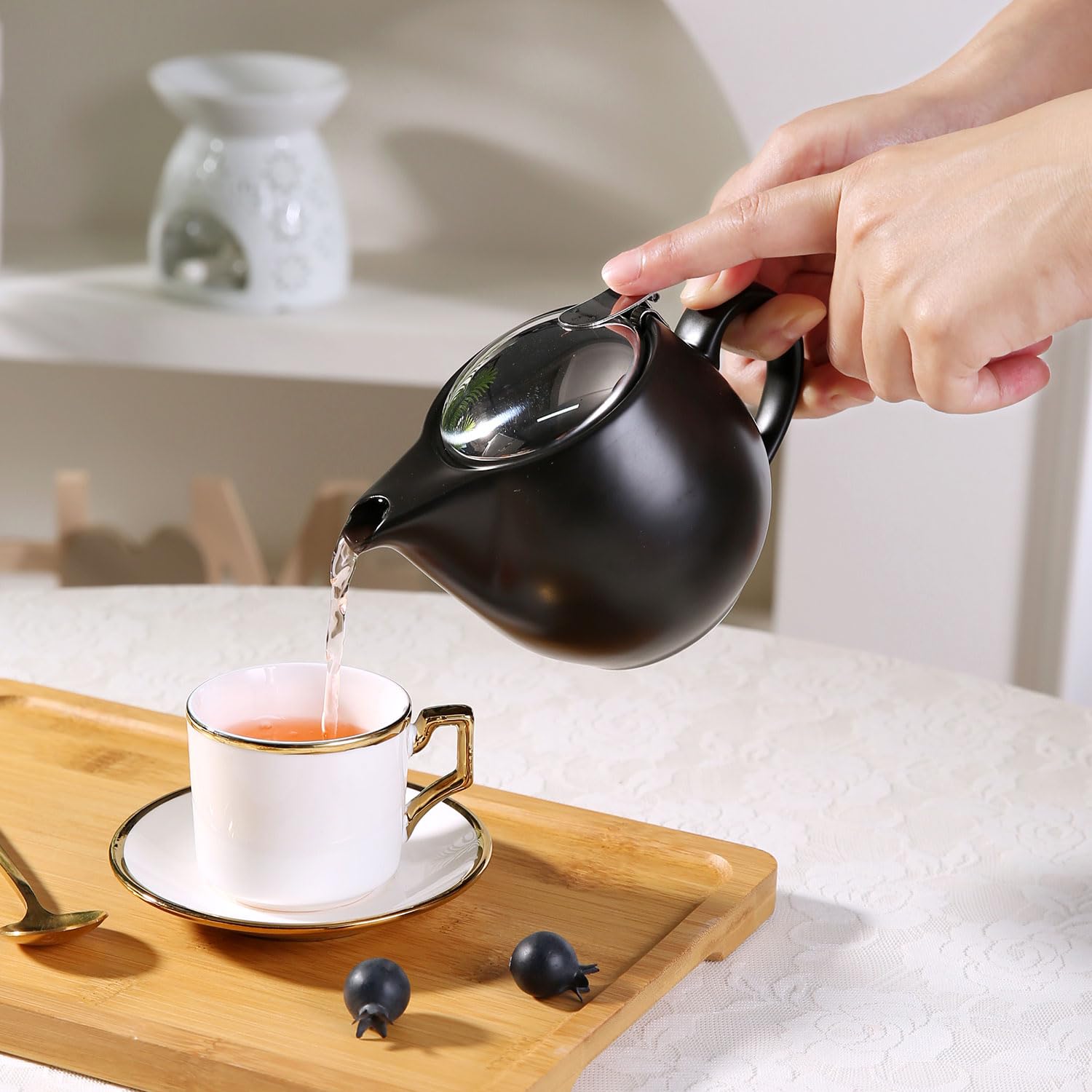 Auxmeware - Small Ceramic Teapot With Stainless Steel Infuser, Heat Resistant, Perfect Tea Maker, Black, 350Ml/12.0Oz
