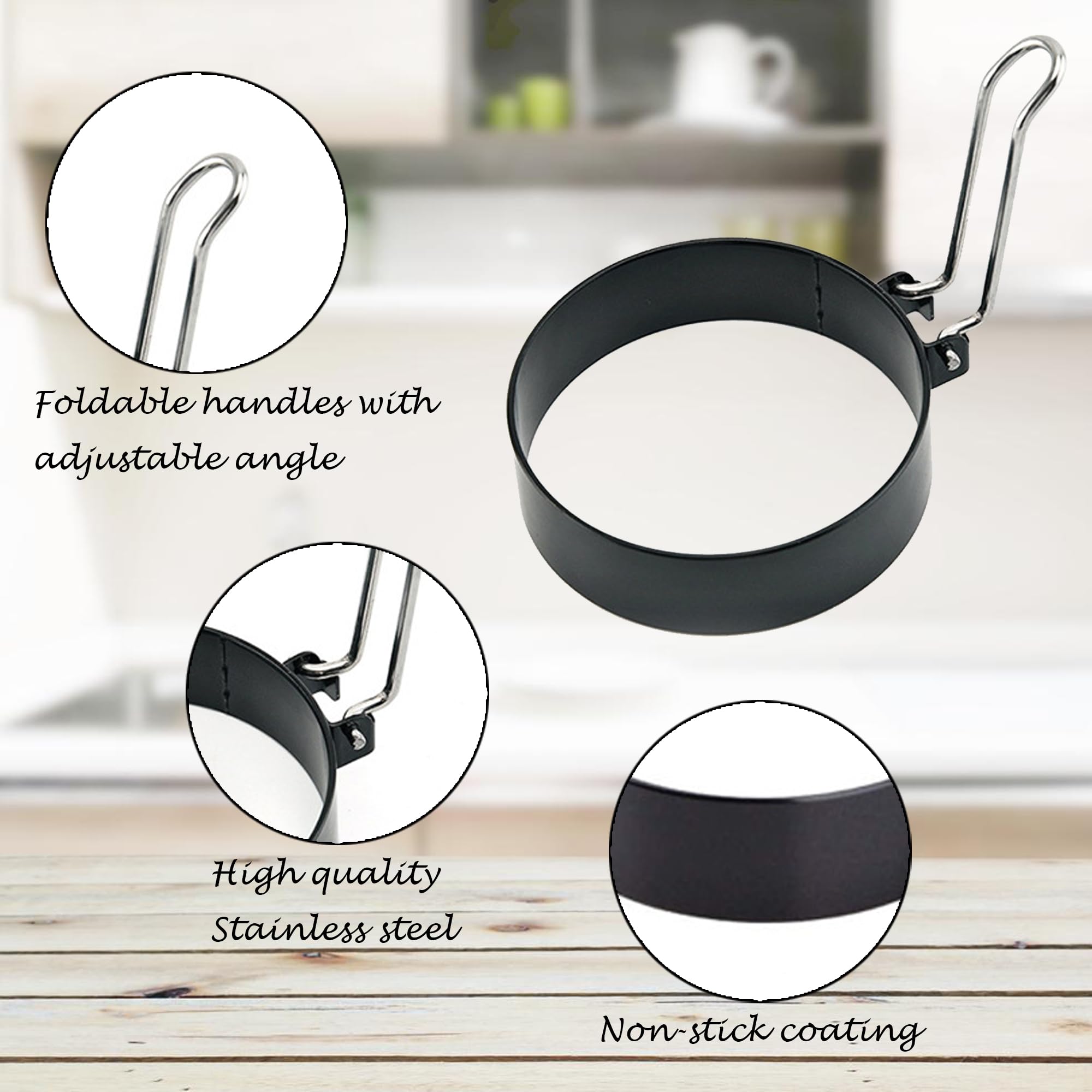 PCTC Nonstick Stainless Steel Egg Rings Set of 2 - Black Round Egg Cooker Molds for Perfect Breakfast Sandwiches