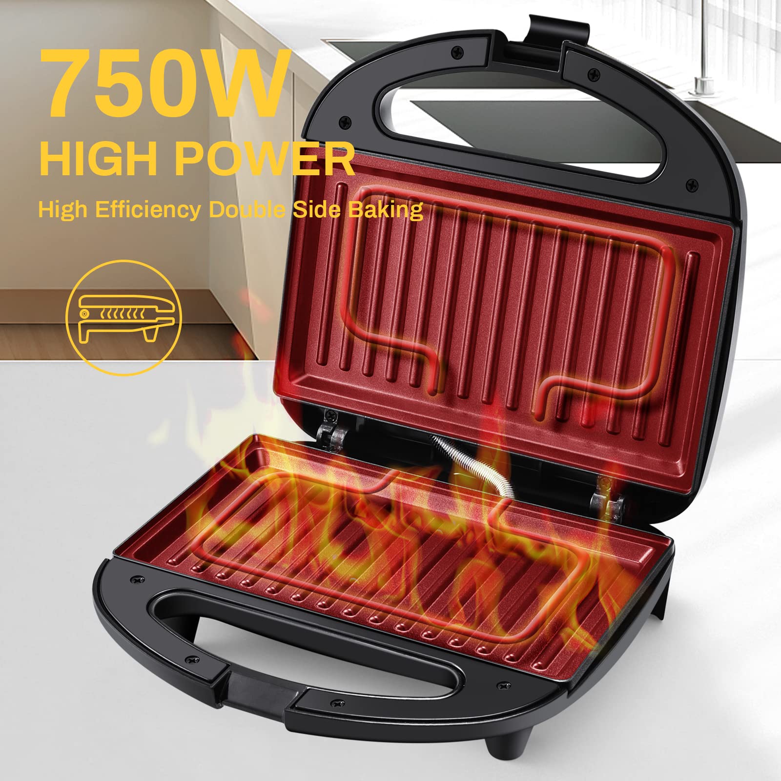 Monxook Electric Panini Press, 750W Sandwich Press, Non-Stick Coated Plates 8.46Inx4.92In, Panini Press Sandwich Maker With Indi