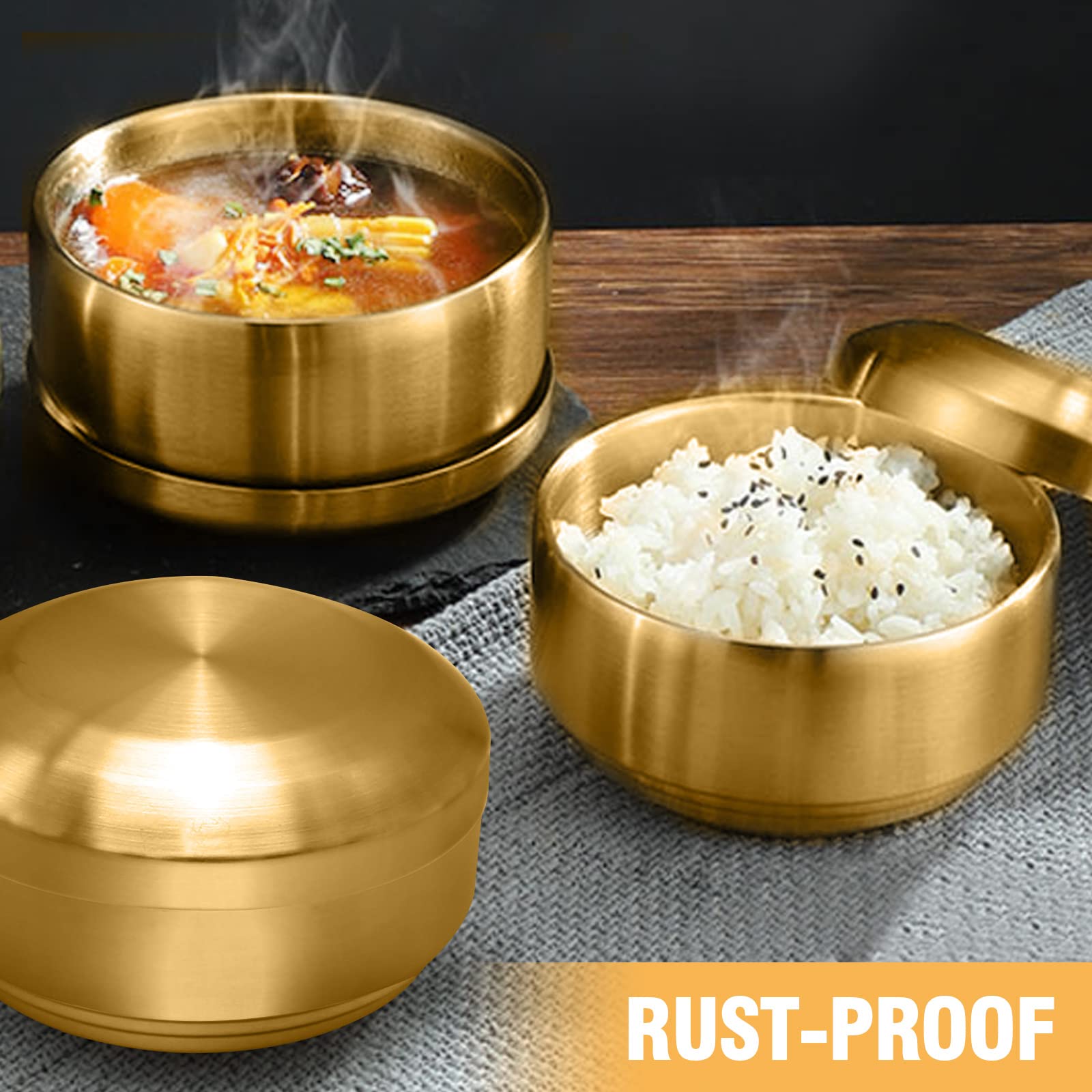 Mdeoosky 2Pcs 304 Stainless Steel Rice Bowls, Gold Metal Bowl With Lid, Double Layer Anti Scalding Bowl, Rice Bowls Soup Bowl Sa