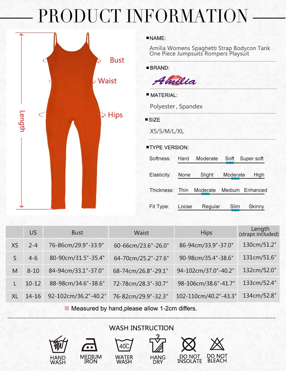Amilia Womens Spaghetti Strap Bodycon Tank One Piece Jumpsuits Rompers Playsuit (Reddish Orange, Xs)