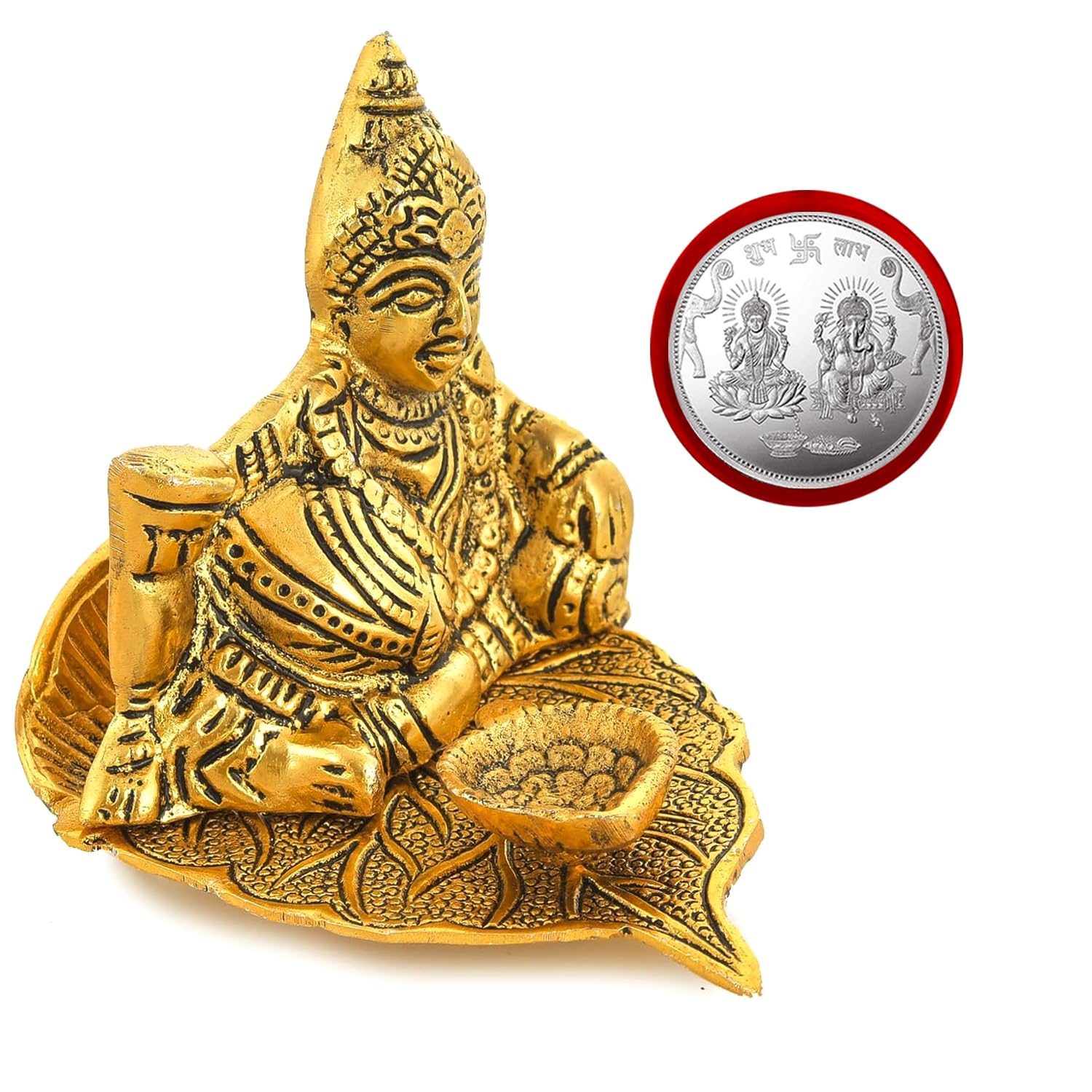 Kitlyn Dhan Kuber Statue With Diya Stand, Mata Lakshmi With Ganesh Silver Pooja Coin, Diwali Pooja Religious Idol & Figurine (Me