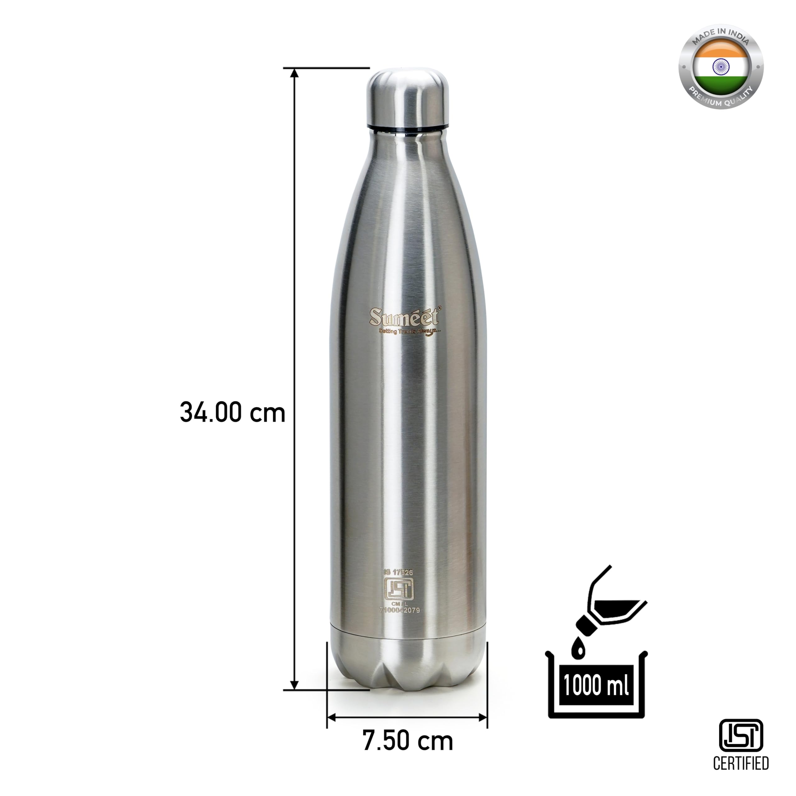 Sumeet Stainless Steel Double Walled Vacuum Flask/Water Bottle, 24 Hours Hot And Cold, 1000 Ml, Silver
