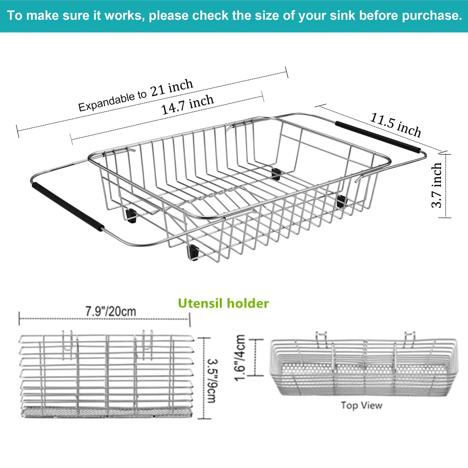 Ipegtop Expandable Dish Drying Rack With Rustproof Stainless Steel Utensil Cutlery Holder, Over Sink Dish Rack Basket Shelf, Dis
