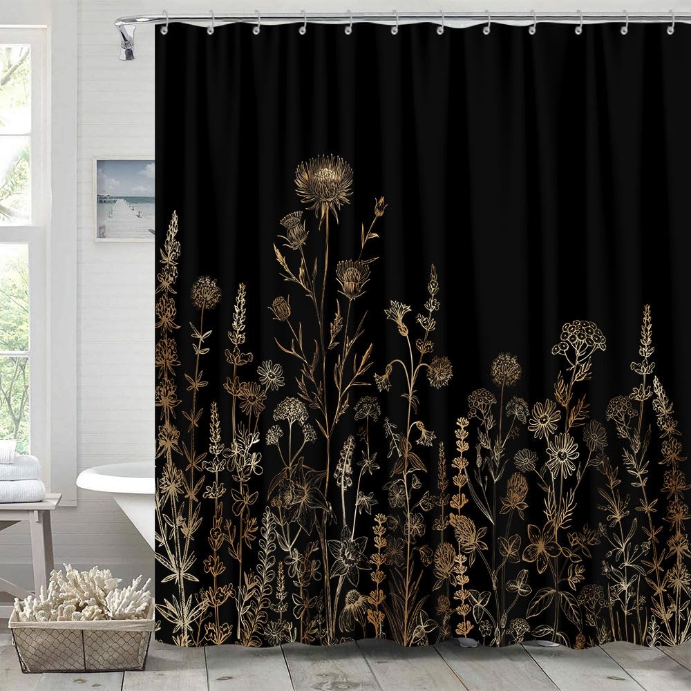 Vintage Black And Gold Boho Shower Curtain, Black And Tan Cream Floral Aesthetic Dark Wildflower Botanical Flowers Shower Curtai