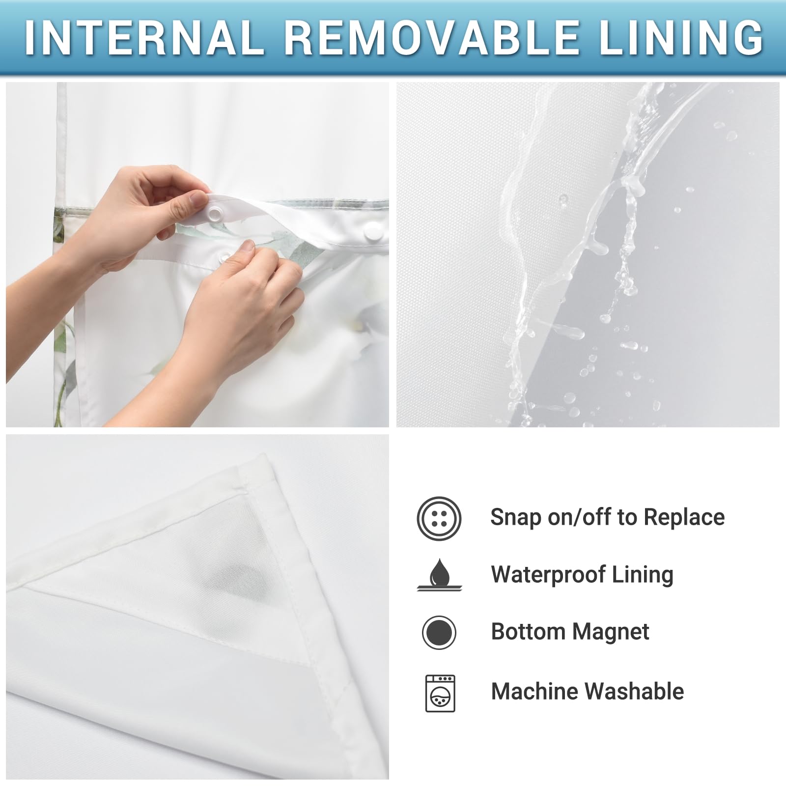 WITHLOC No Hook Shower Curtain with Eucalyptus Design, Waterproof Liner, 71"x74", Sage Green, Machine Washable