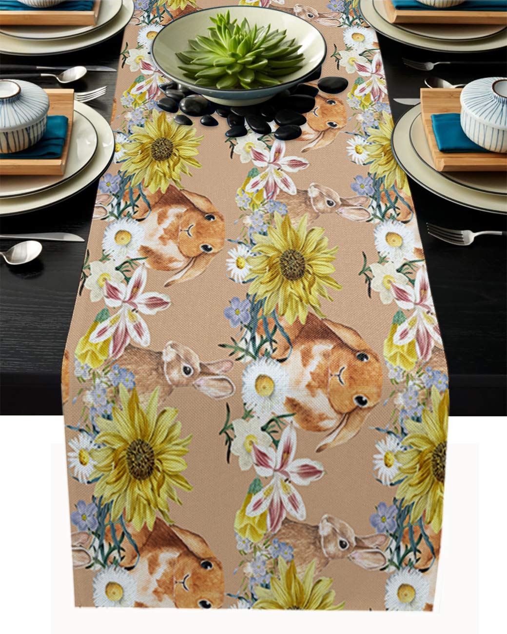 Easter Table Runner Cute Bunny Cotton Linen Dresser Scarves Sunflower Floral Watercolor Non-Slip Runner Rectangle Kitchen Tablec