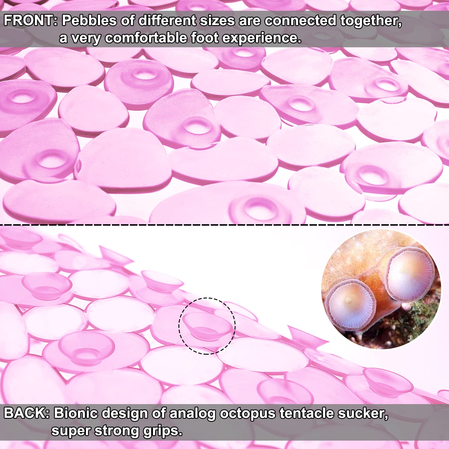 TEESHLY Bath Tub and Shower Mats  Non-Slip Pebble Bath Mat  35 x 16 Inches Machine Washable Bathtub Mat with Drain Holes  Suction Cups for Bathroom (Clear Pink)