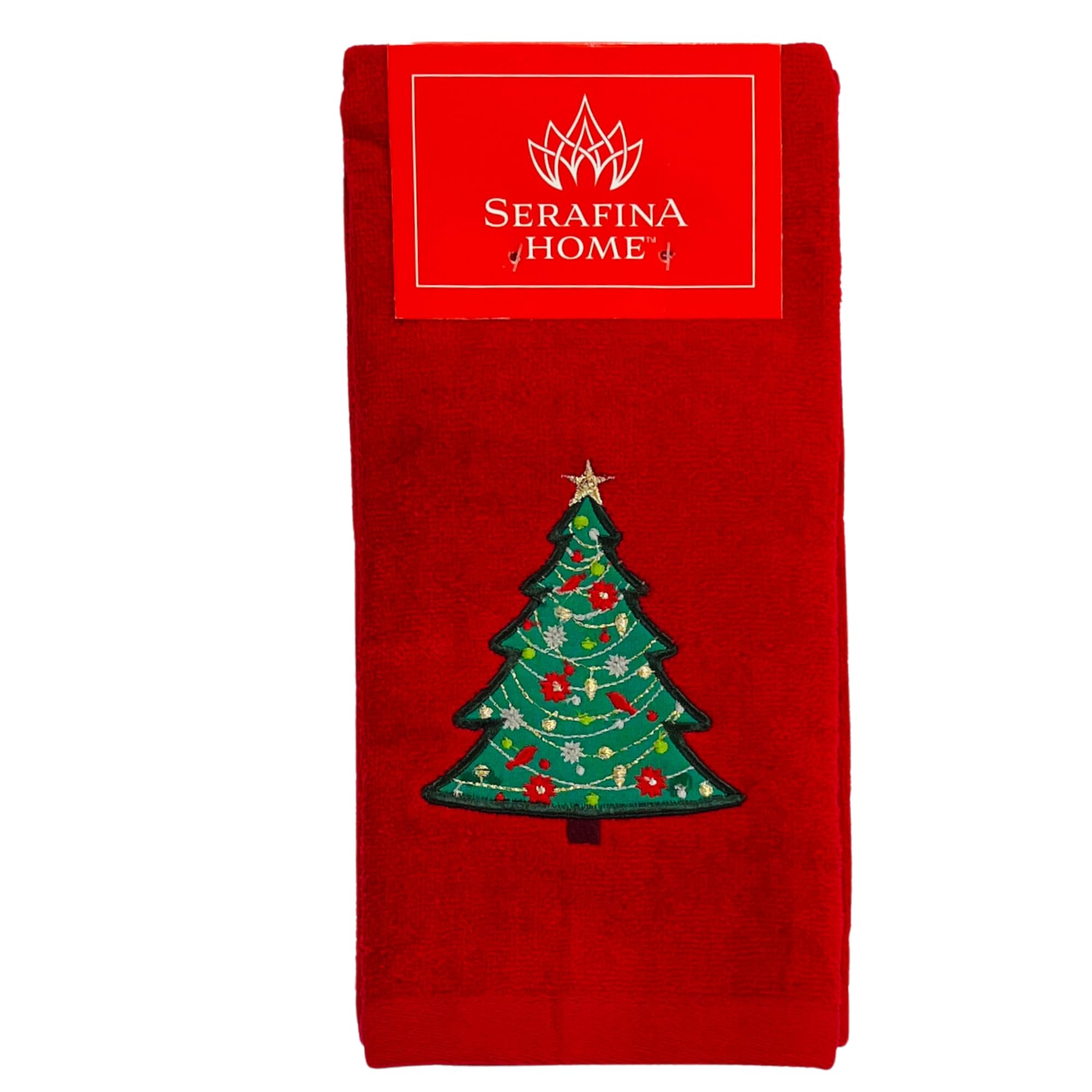 Luxury Holiday Christmas Hand Towels: Traditional Decorated Tree, Velour Terry Red Bathroom Towels, Set Of 2, 16 X 25