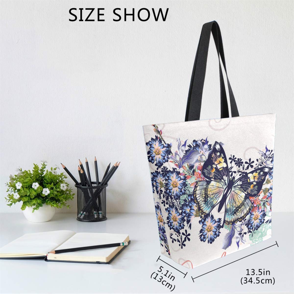 Naanle Floral Butterfly Canvas Tote Bag Large Women Casual Shoulder Bag Handbag, Floral Butterfly Reusable Multipurpose Heavy Du