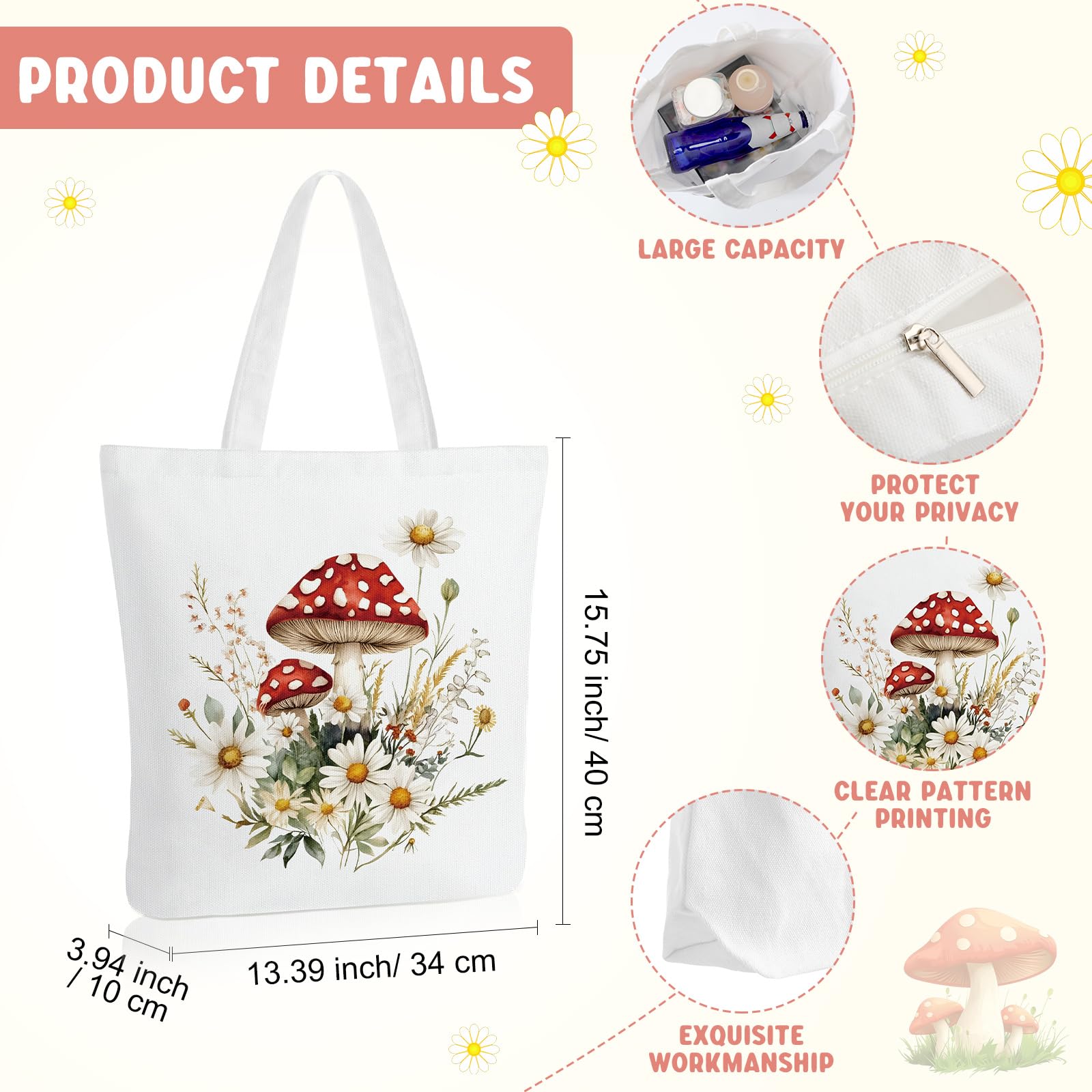 Sieral 2 Pcs Mushroom Gifts for Women Mushroom Lover Gifts Travel Cosmetic Bags Portable Makeup Zipper Pouch & Canvas Tote Bag f