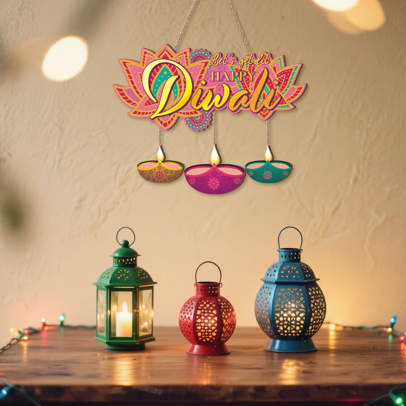 Aurlan Happy Diwali Signs,Let s Get LIt Diwali Door Decoration,Indian Festival of Light Party Decor,Diya Lotus Door Hangings,Dew