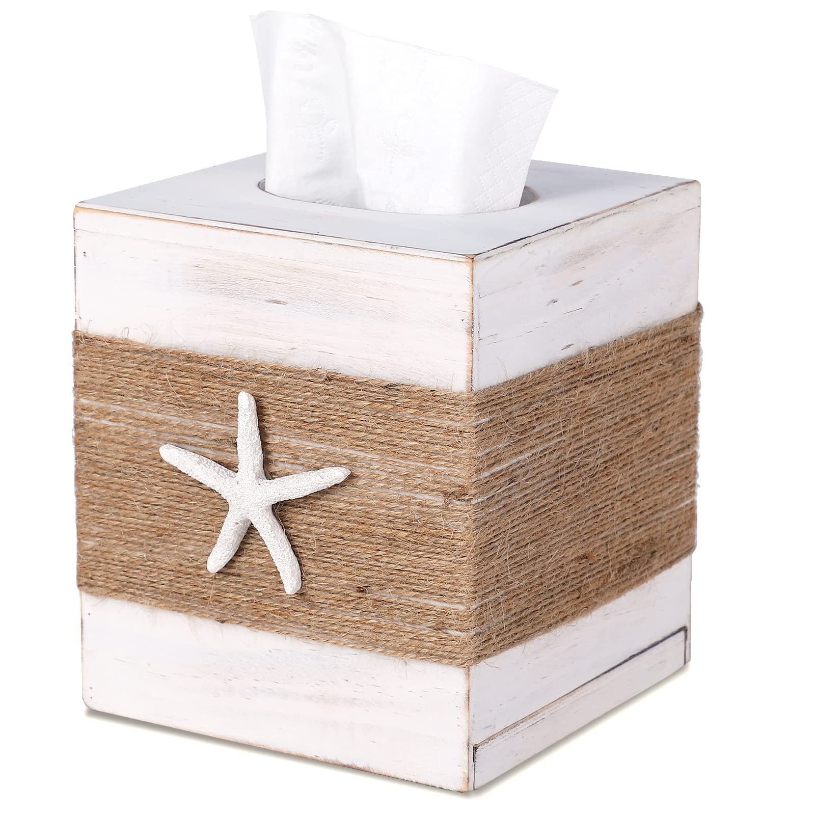 Somto Beach Rustic White Wood Square Tissue Box Cover,Farmhouse Bathroom Accessories Starfish Decor Tissue Holder With Slide-Out