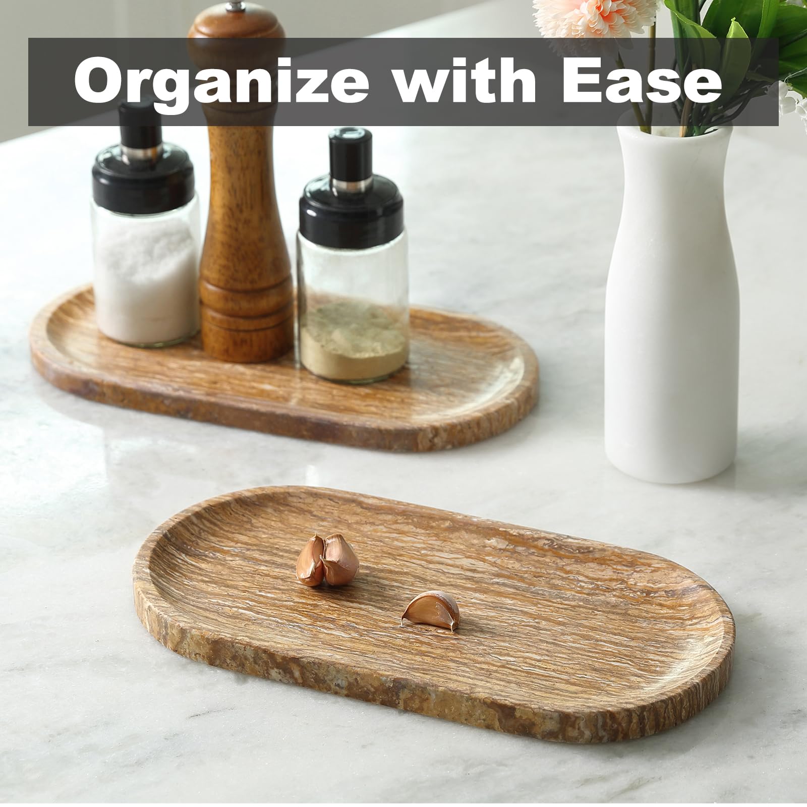 Koville Turkish Natural Marble Tray, 12'' Vanity Decorative Tray For Countertop Organizer, Catchall Tray For Perfume, Candles, J