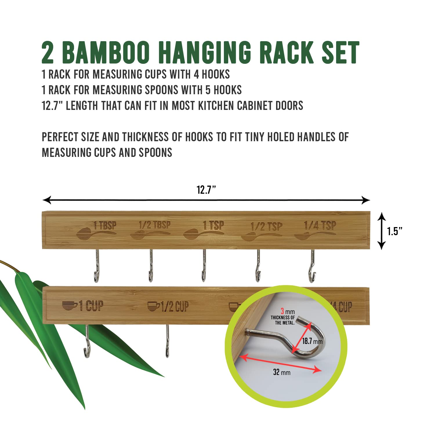 Zeezeeg Premium Bamboo Measuring Cups And Spoons Hanging Rack Set Of 2. With Adhesive For Easy Install. Laser Engraved Labels. L