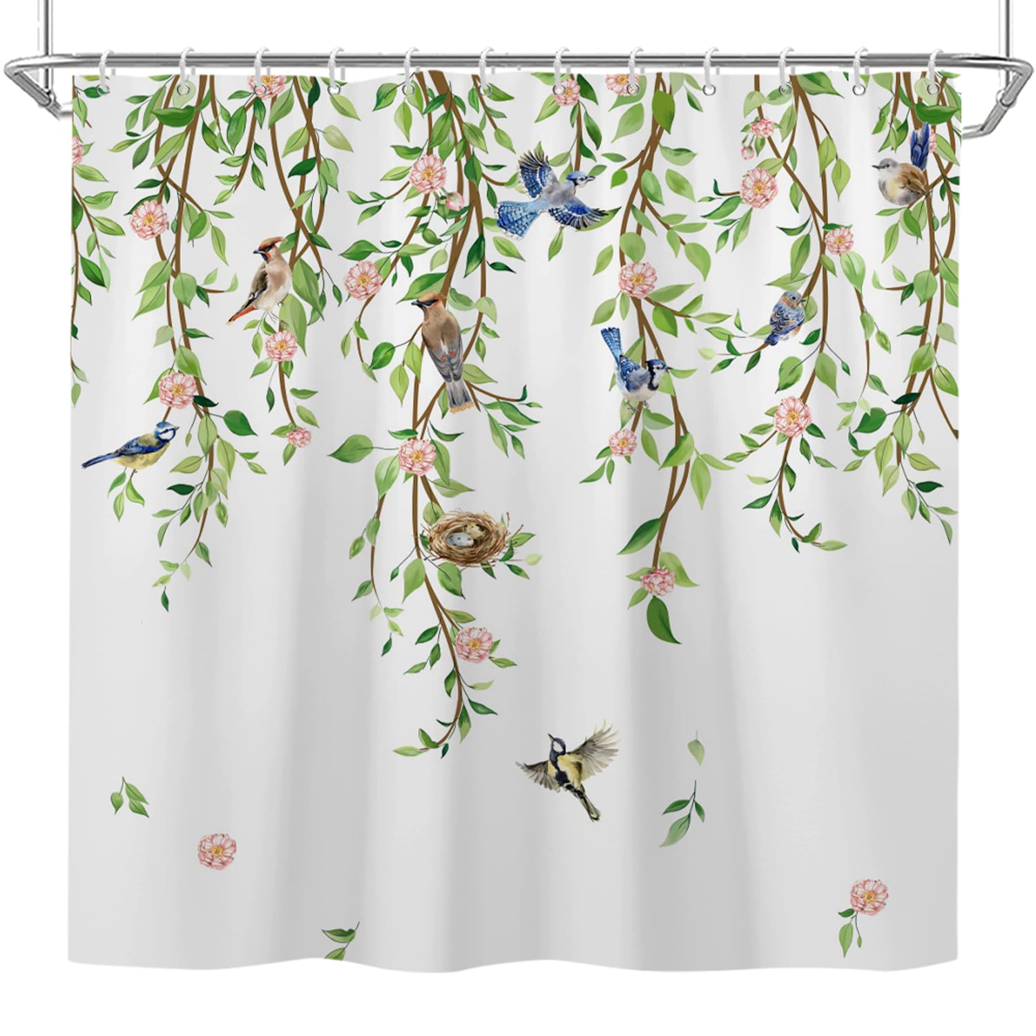 Cokomi Green Leaf Shower Curtain, Spring Watercolor Botanical Plant Leaves With Birds Green Floral Shower Curtains For Bathroom,