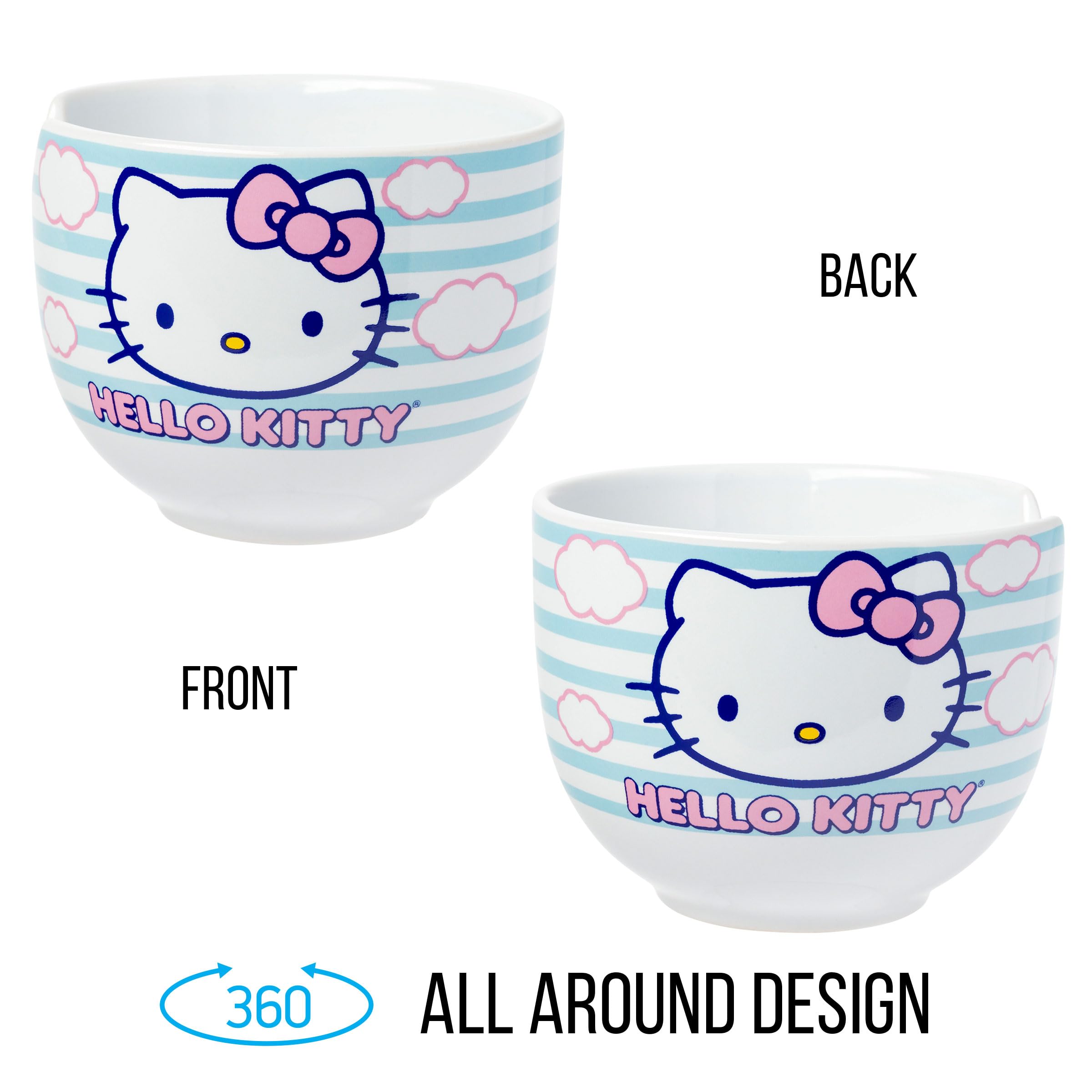 Silver Buffalo Sanrio Hello Kitty Blue And Pink Skies Ceramic Ramen Noodle Rice Bowl With Chopsticks, Microwave Safe, 20 Ounces