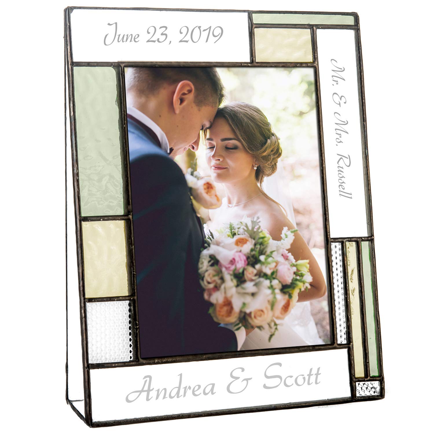 J Devlin Personalized Wedding Picture Frame - Engraved Green Yellow Glass Tabletop Photo Keepsake (5x7 Vertical) - Perfect Engag