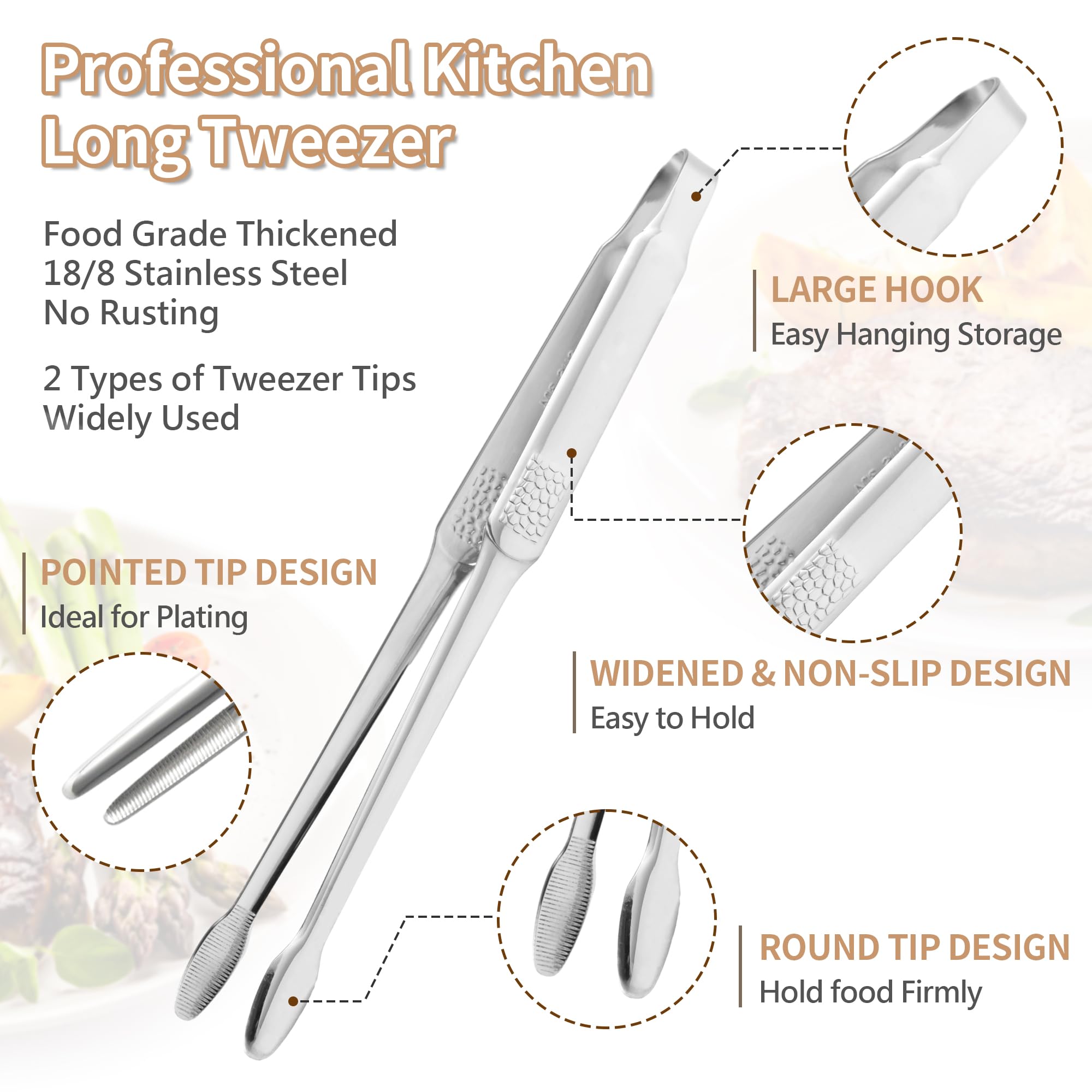 2 Pcs Stainless Steel Professional Fine Tweezers Pliers, Round And Pointed, Extra Long Heavy Duty Food Tweezers With Precision S