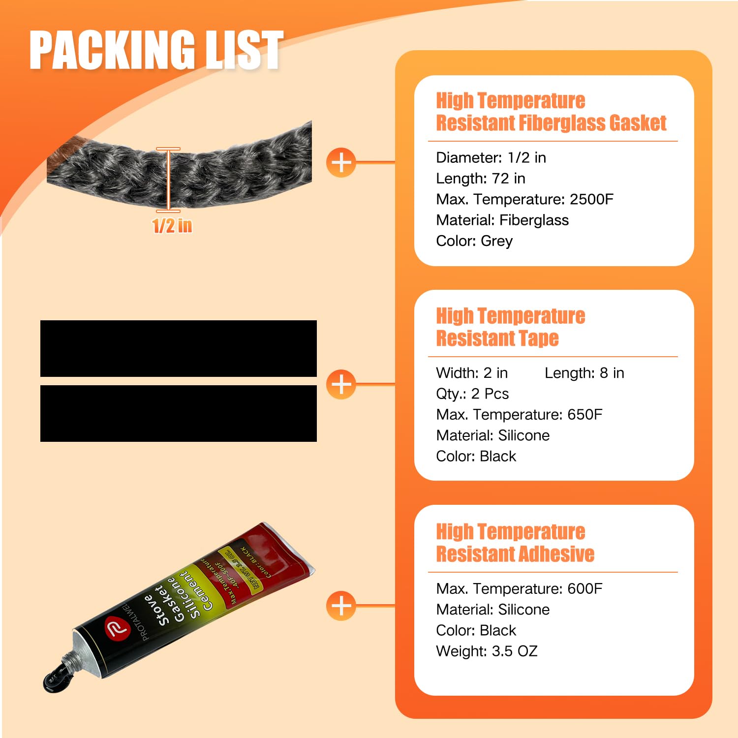 Protalwell Wood Stove Gasket, 1/2'' Wood Stove Door Gasket Kit, High Temperture Resistant Gasket Rope Replacement For Stove Or F