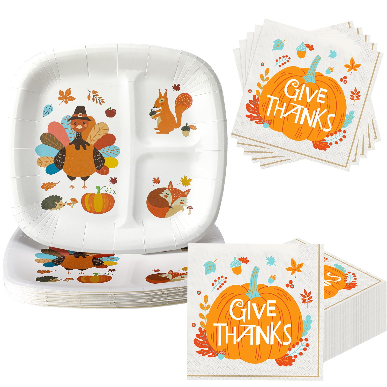 Havawish 60 Pack Thanksgiving Divided Plates for Kids and Napkins Set 24 Pcs Happy Turkey Day Paper Plates 36 Pcs Give Thanks Di