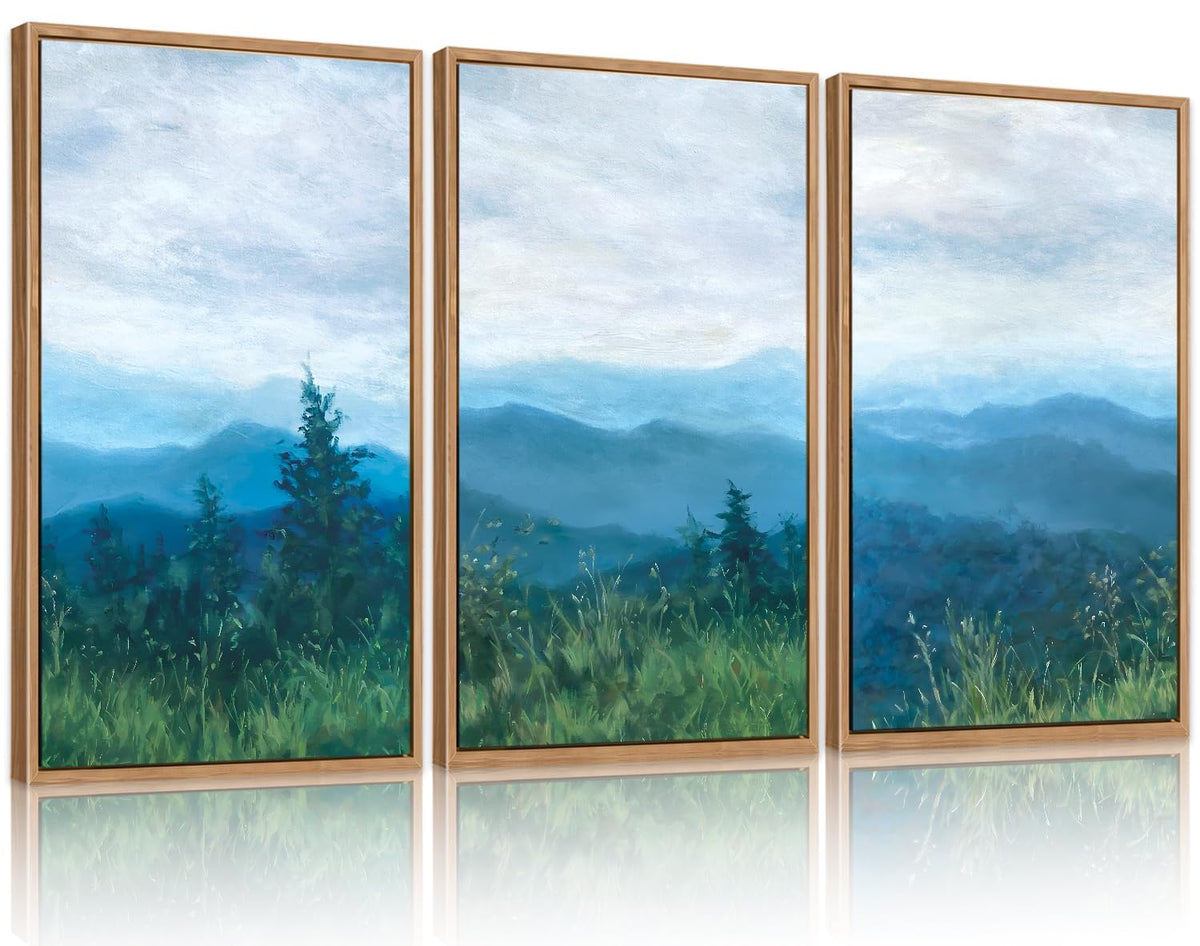 Chditb Boho Blue Mountain Framed Wall Art Paintings(16''X24''), 3 Panels Blue White Sky Ridge Virginia Landscape Watercolor Canv