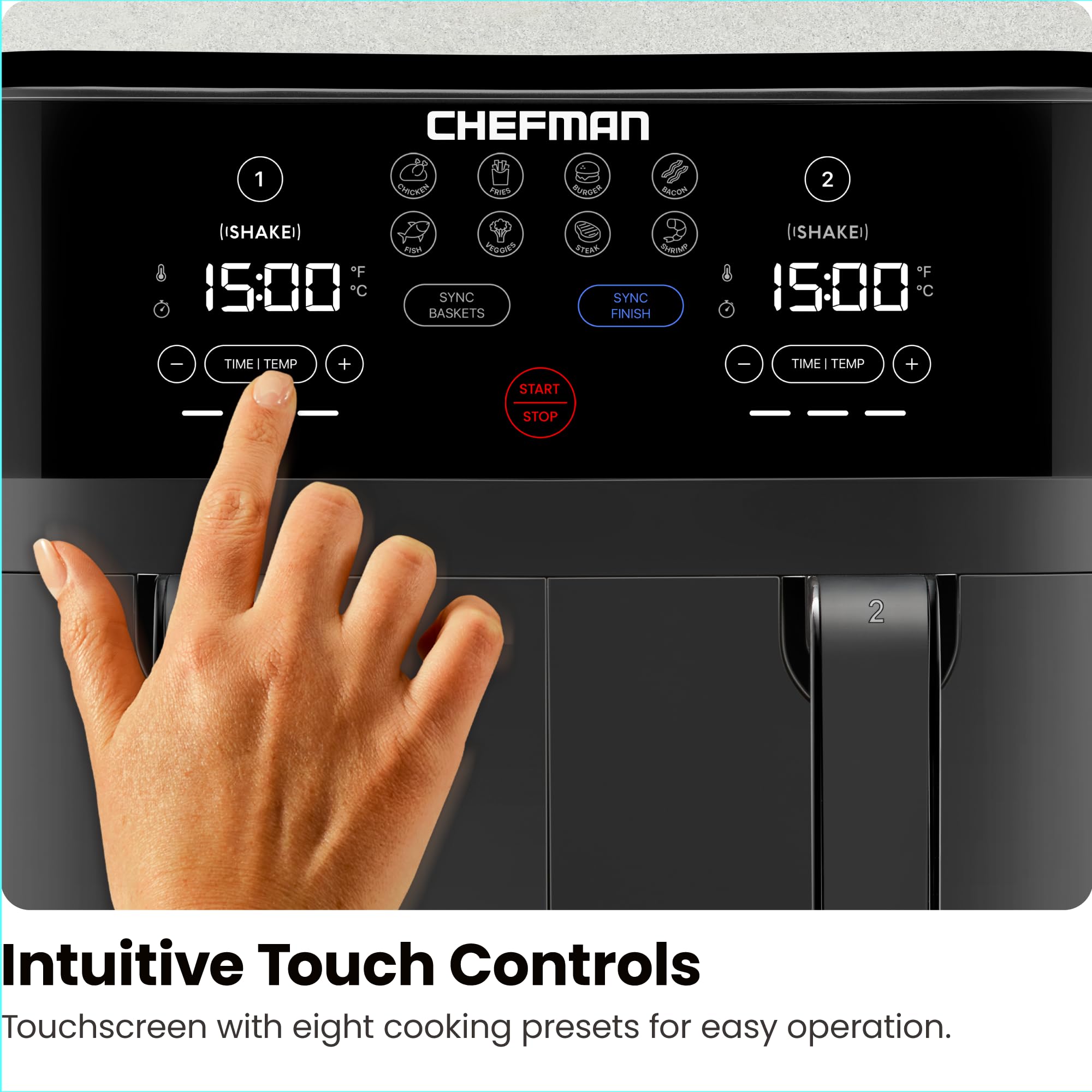 Chefman TurboFry Touch Dual Air Fryer  Maximize The Healthiest Meals With Double Basket Capacity  One-Touch Digital Controls And Shake Reminder For The Perfect Crispy And Low-Calorie Finish
