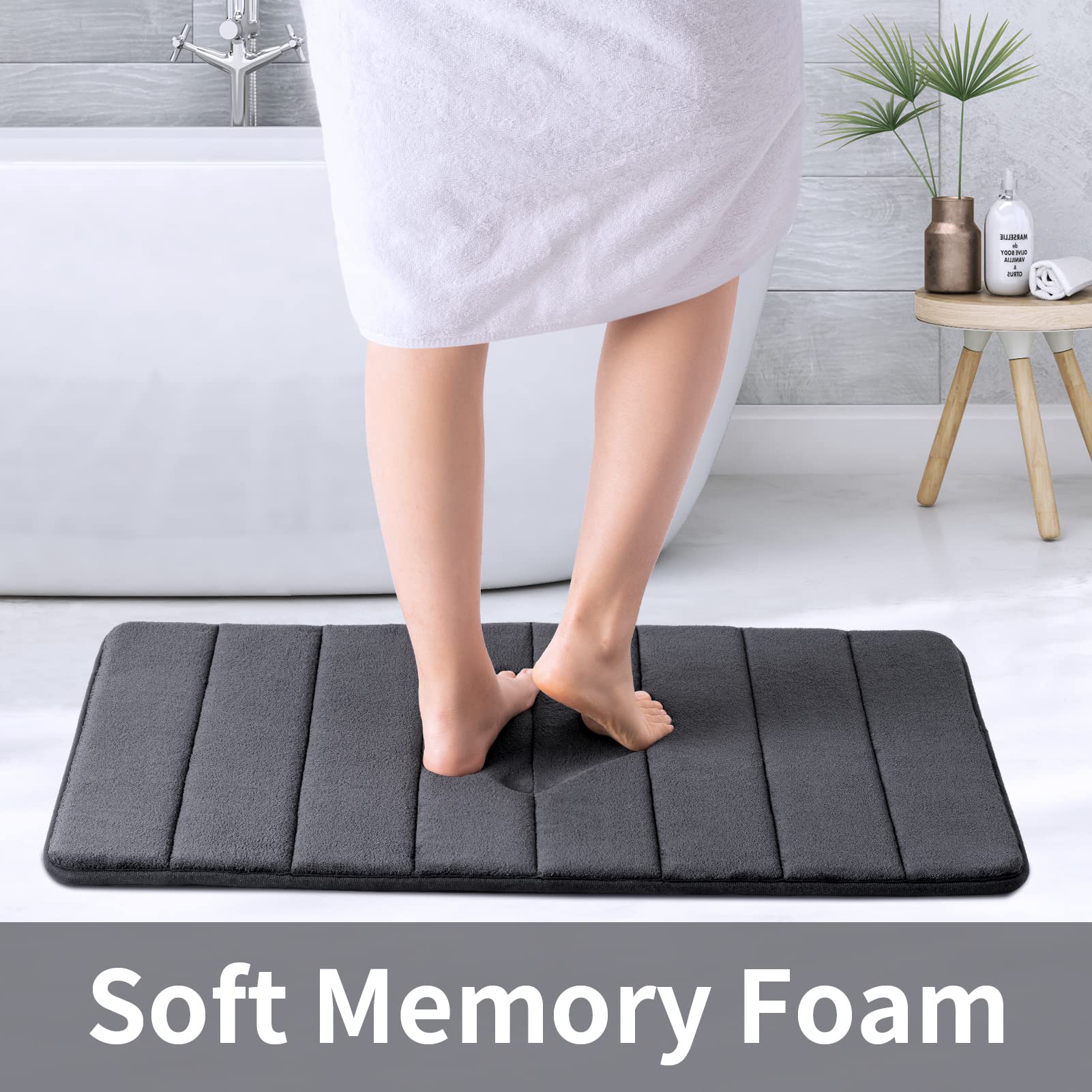 ROSMARUS Memory Foam Bath Mat 20? x 32?  Water Absorbent Shower Mat  Thick Bath Rugs for Bathroom Non Slip with PVC Backing  Ultra Soft Bathroom Rugs for Bathroom Floor & Tub  Charcoal Gray