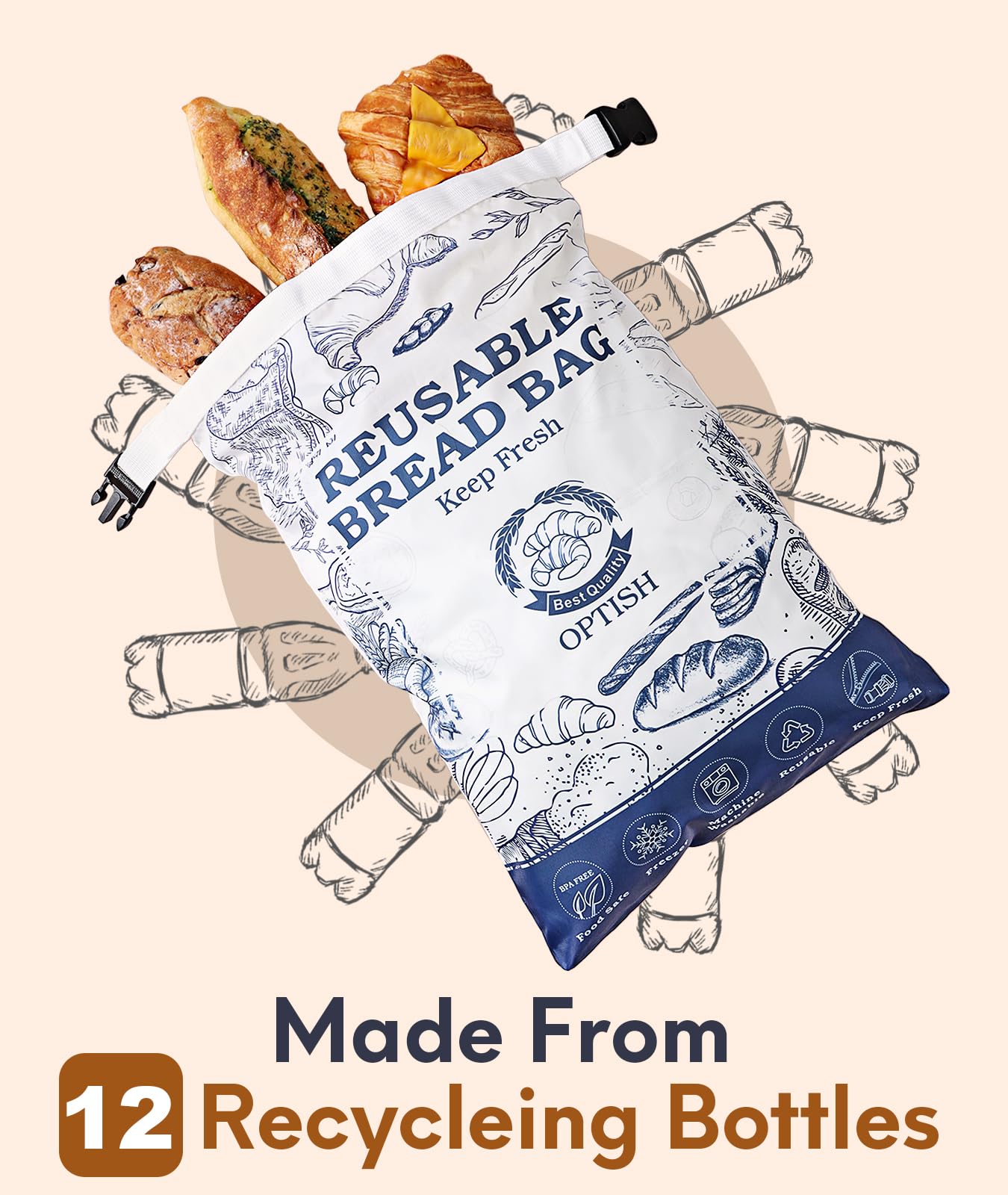 Optish 2 Pack Reusable Bread Bags for Homemade Sourdough, Lined with Zipper, Freezer Safe & BPA Free, Perfect for Gift Giving, W
