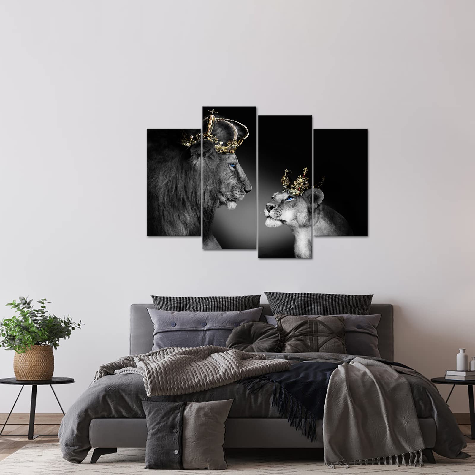 Large 4 Panel Wall Decor The Lion King And Queen With Crown Wall Art African Wild Animals Canvas Prints Pictures Black And White