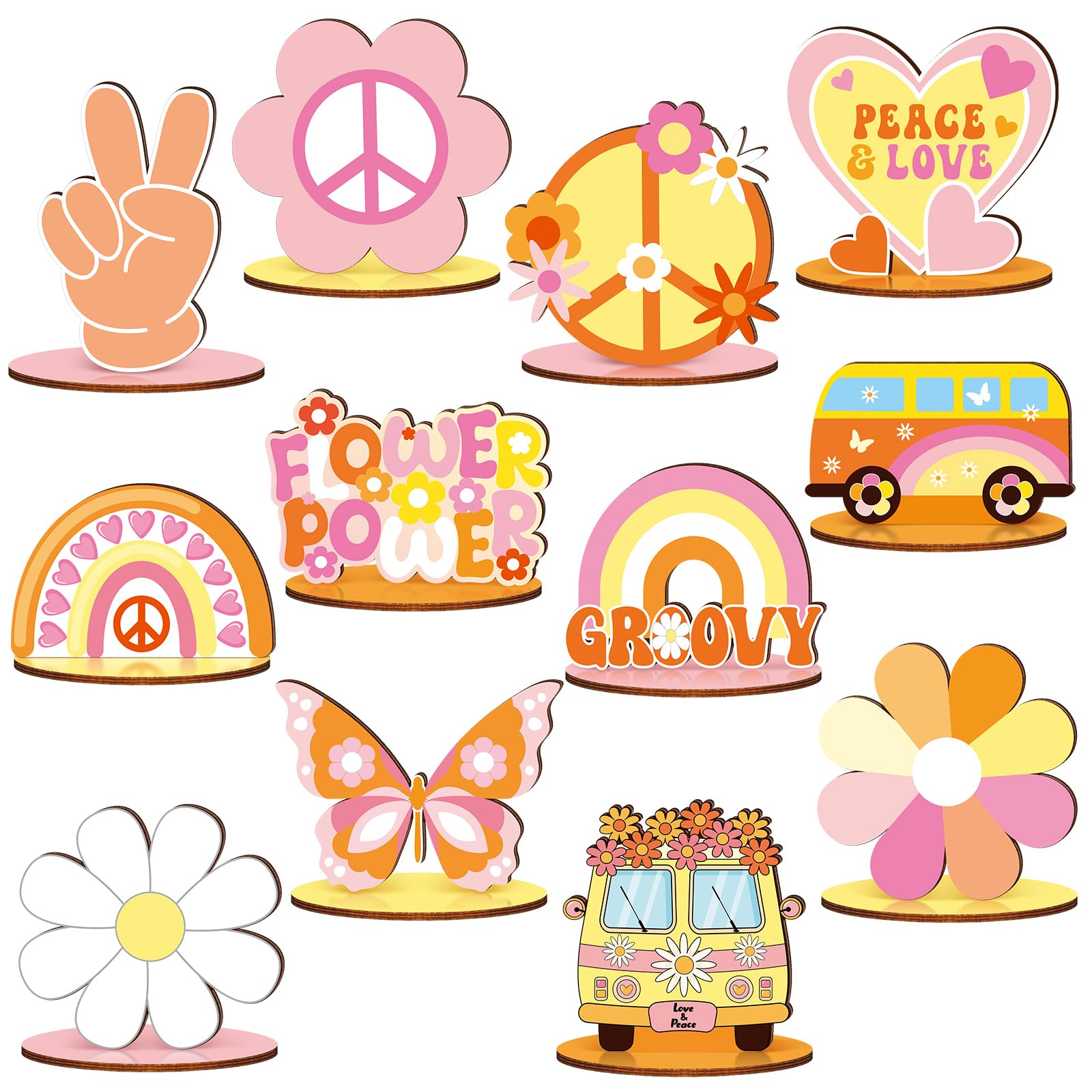 RattanView 12 Pcs Groovy Party Decorations Groovy Centerpieces for Tables Two Birthday Party Favors Hippie Bohemian Wooden Signs