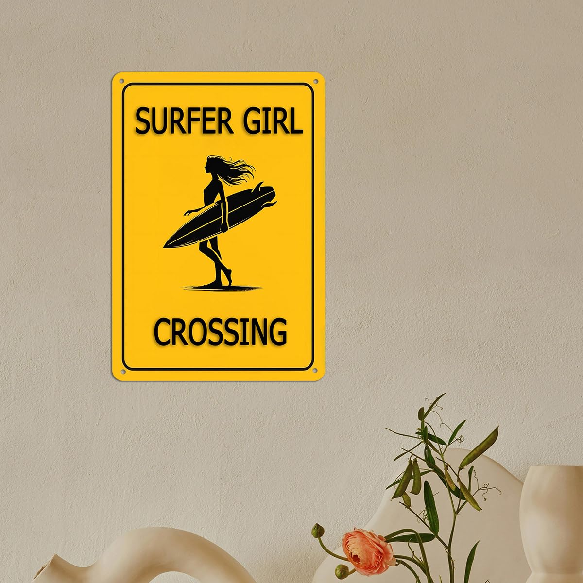 Surfer Girl Crossing Metal Sign - Surfboard Wall Art for Beach Room Decor, Surfer Gifts for Women and Teen Girls, Cool Surfing R