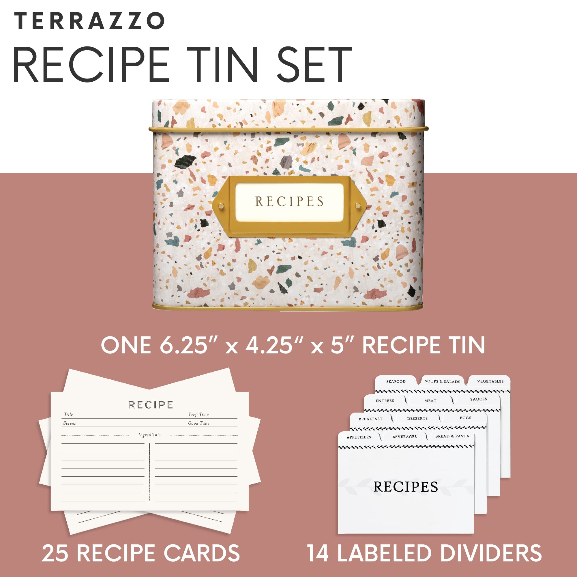 Jot & Mark Recipe Card Complete Gift Box  Decorative Recipe Tin Box  Recipe Cards  Index Dividers (14 dividers  50 4x6 inch Cards  1 Box)