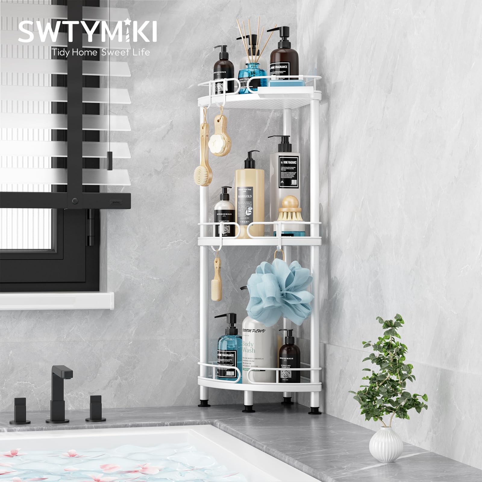 Swtymiki Corner Shower Caddy Standing - 3 Tier Stainless Steel Shower Organizer Stand With 4 Hooks & Soap Holder, Rustproof Meta