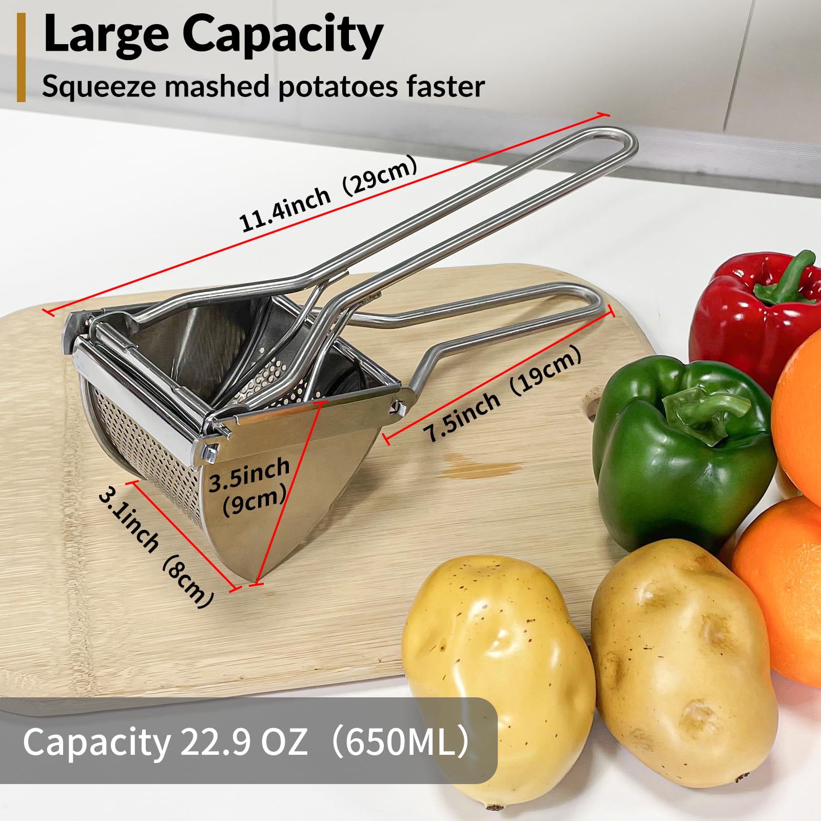 Potato Ricer, Potato Masher, Larger 22Oz Heavy Duty Potato Ricer Stainless Steel Make Fluffy Mashed Potatoes, Comfort Handle Ric