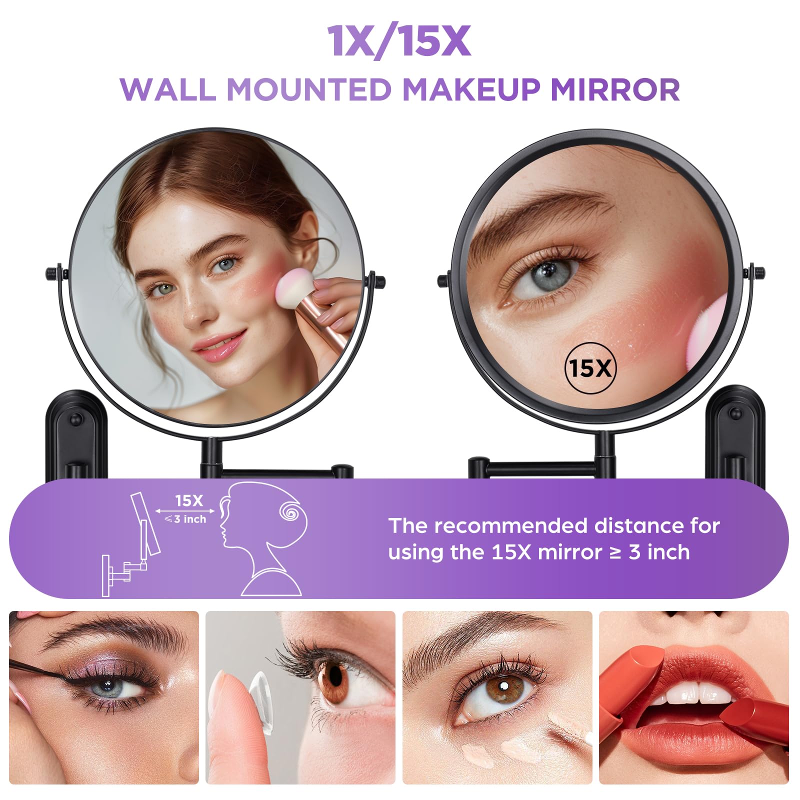 Vorremirr Wall Mounted Makeup Mirror - 1X/15X Magnifying Makeup Mirror With Extended Arm 360Swivel Vanity Mirror, 8.5In Double S