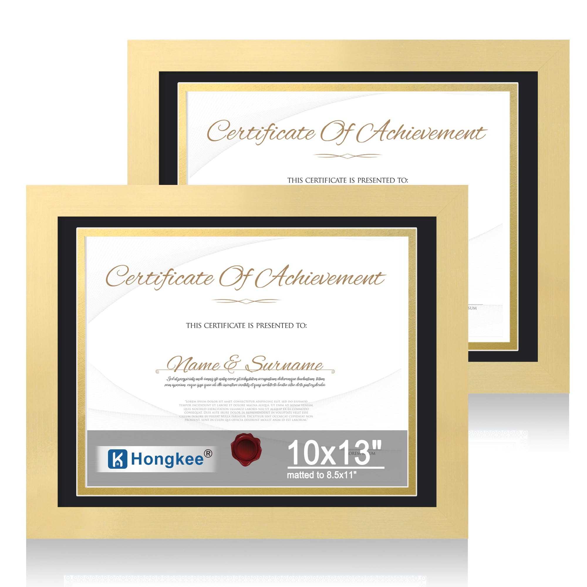 Hongkee 10x13 Picture Frame Set of 2, Made of Real Glass and Gold Wooden Frame - Display 8.5x11 Diploma with Mat or 10x13 Pictur