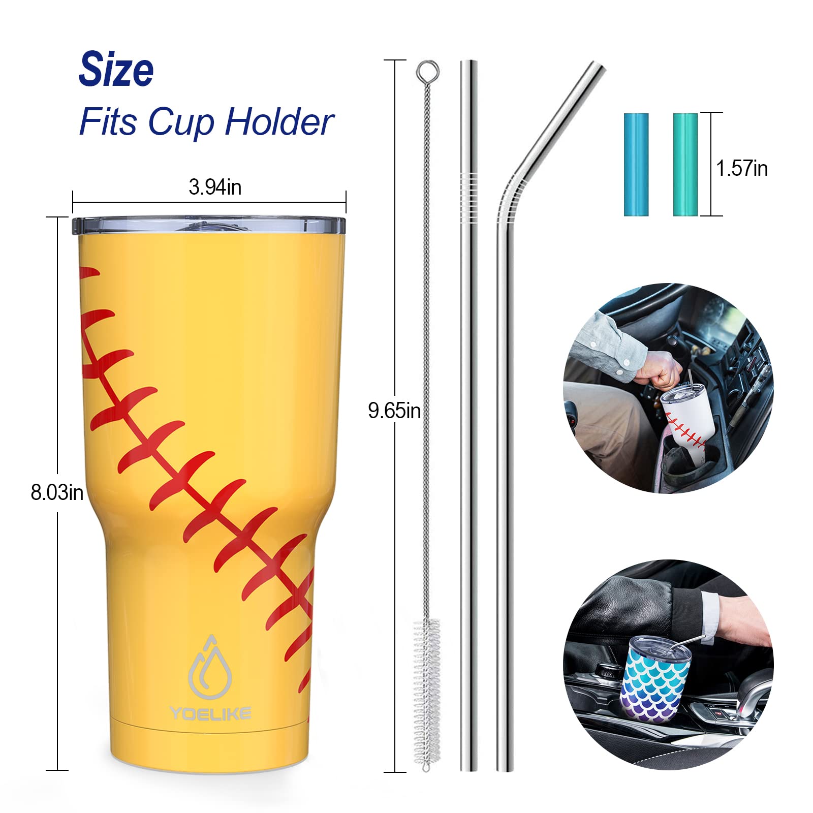 Yoelike Softball Tumbler 30 Oz Stainless Steel Double Wall Vacuum Insulated Cup With Straws, Splash Proof Lids, Straw Clean Brus