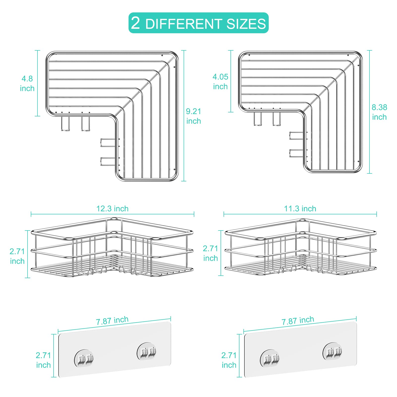 Menbyci Corner Shower Caddy  Adhesive Shower Shelf with Hooks  Stainless Steel Rustproof Bathroom Storage Organizer  No Drilling Shower Shampoo Holder Wall Mounted  2-Pack