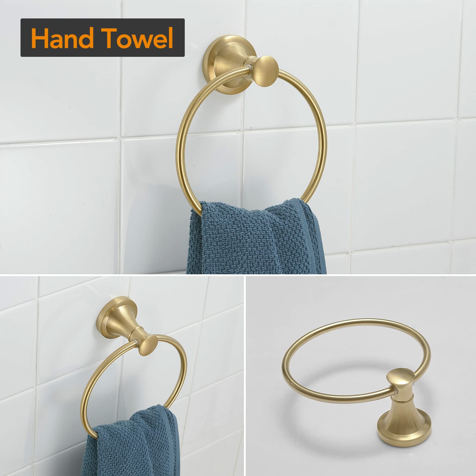 BESy Brushed Gold 4 Piece Bathroom Accessories Set (Single Towel Bar  Towel Ring  Toilet Paper Holder  Double Towel Hooks)  Wall Mounted Bath Hardware Accessory Fixtures Set