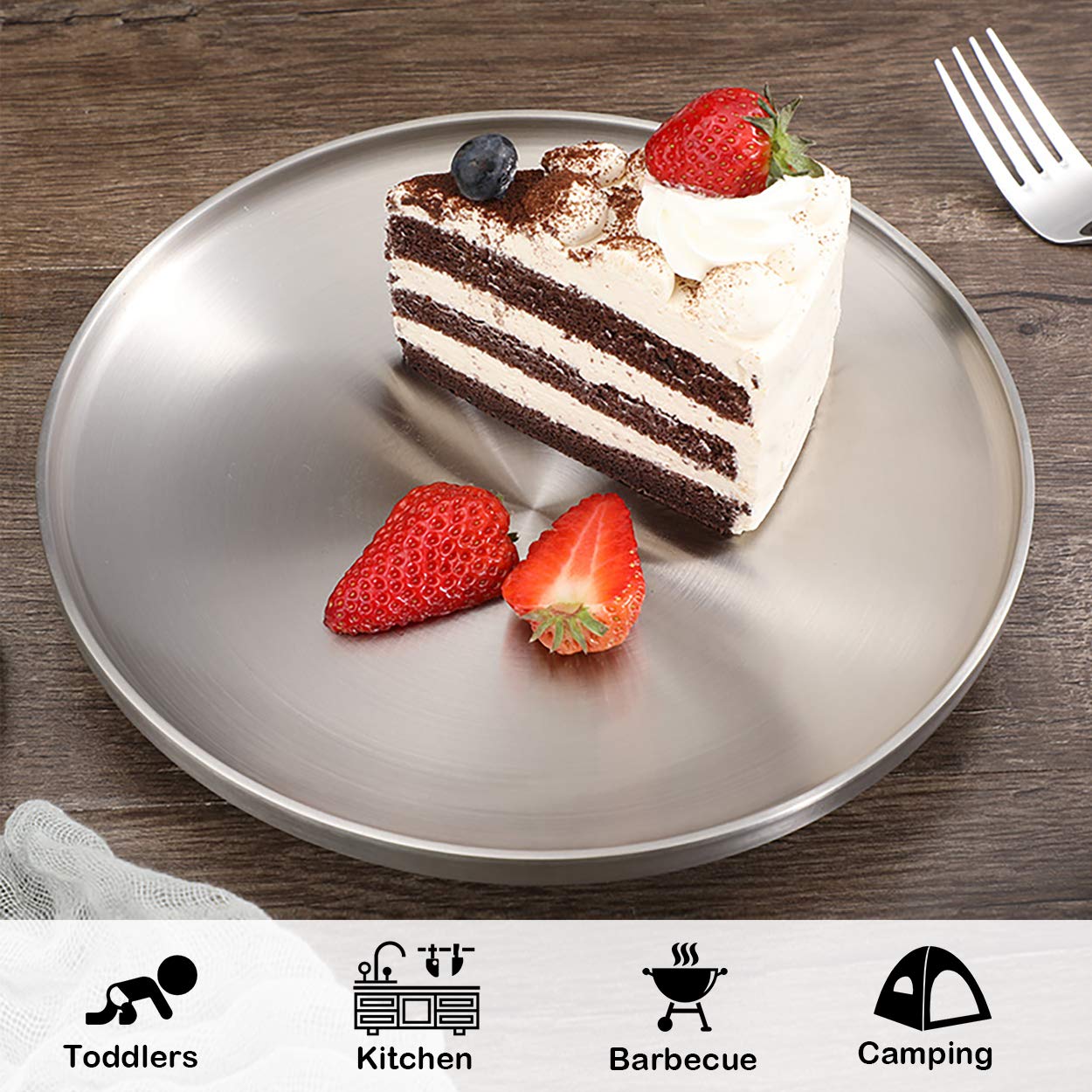 Sumerflos 304 Stainless Steel Dinner Plate, 9'' Double-Layer Round Dessert Plate, Serving Camping Salad Plate For Homr Kichten,