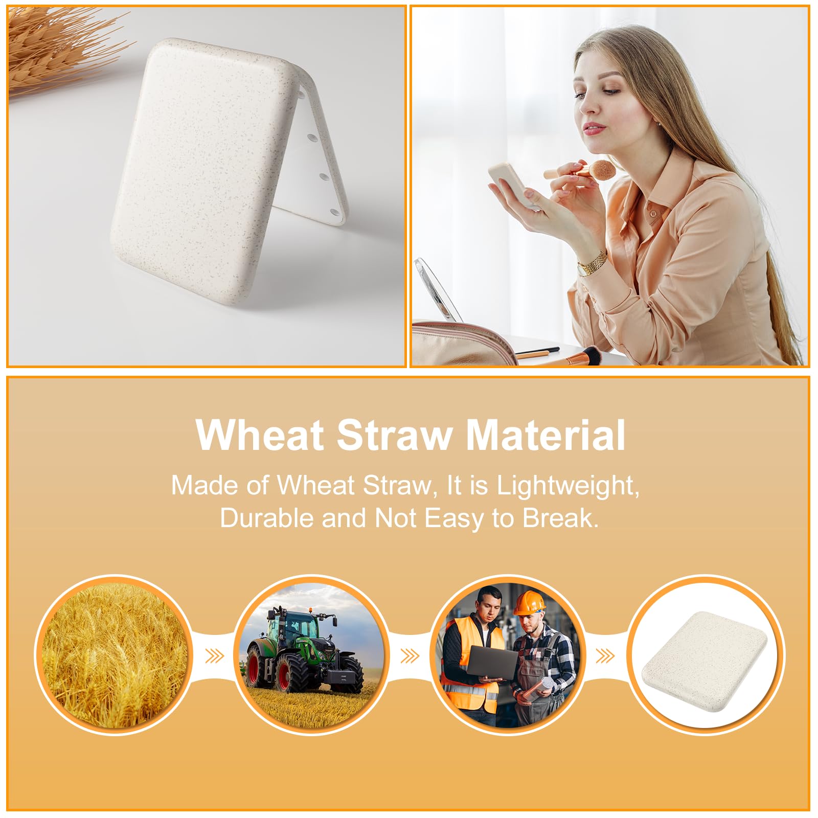 Kintion Rechargeable Pocket Mirror  Wheat Straw Material 1X/3X Magnification Portable Compact Mirror  Handheld Travel Mirror  Small Purse Mirrors for Women  Apricot