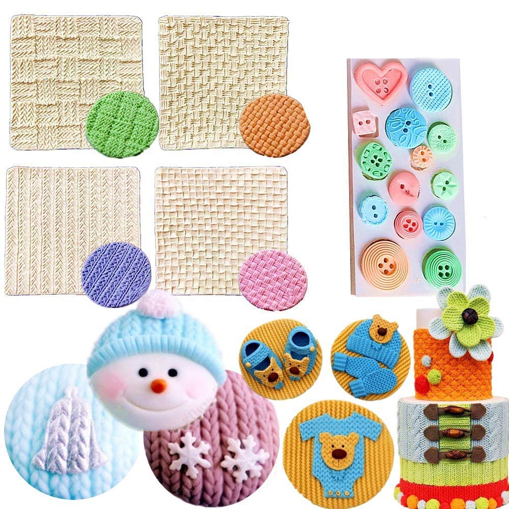 Jevenis 5 Pcs Mini Knitting Sweater Fondant Mold Crochet Texture Cake Decoration Button Impression Mat For Baby Shower Party Cup