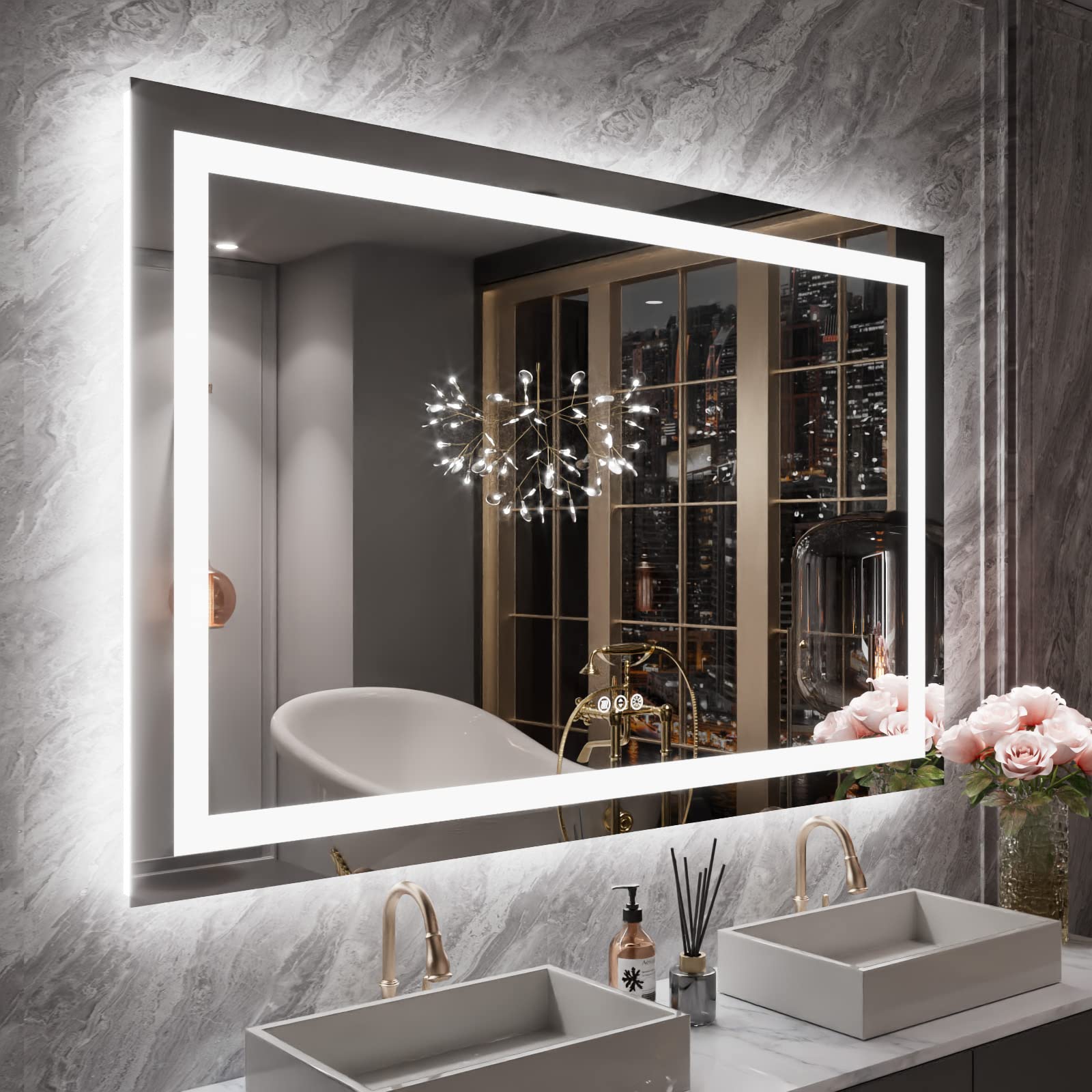 Loaao 55X36 Led Bathroom Mirror With Lights, Anti-Fog, Dimmable, Backlit + Front Lit, Lighted Bathroom Vanity Mirror For Wall, M