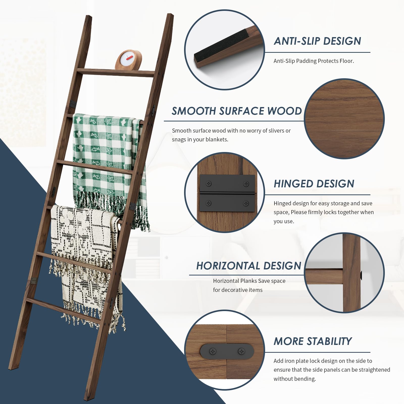 Acacia Wood 6-Tier Blanket Ladder, 5.7Ft(66.5'') Blanket Quilt Towel Holder Rack Decorative Ladder Wooden, Easy Assembly, Rustic