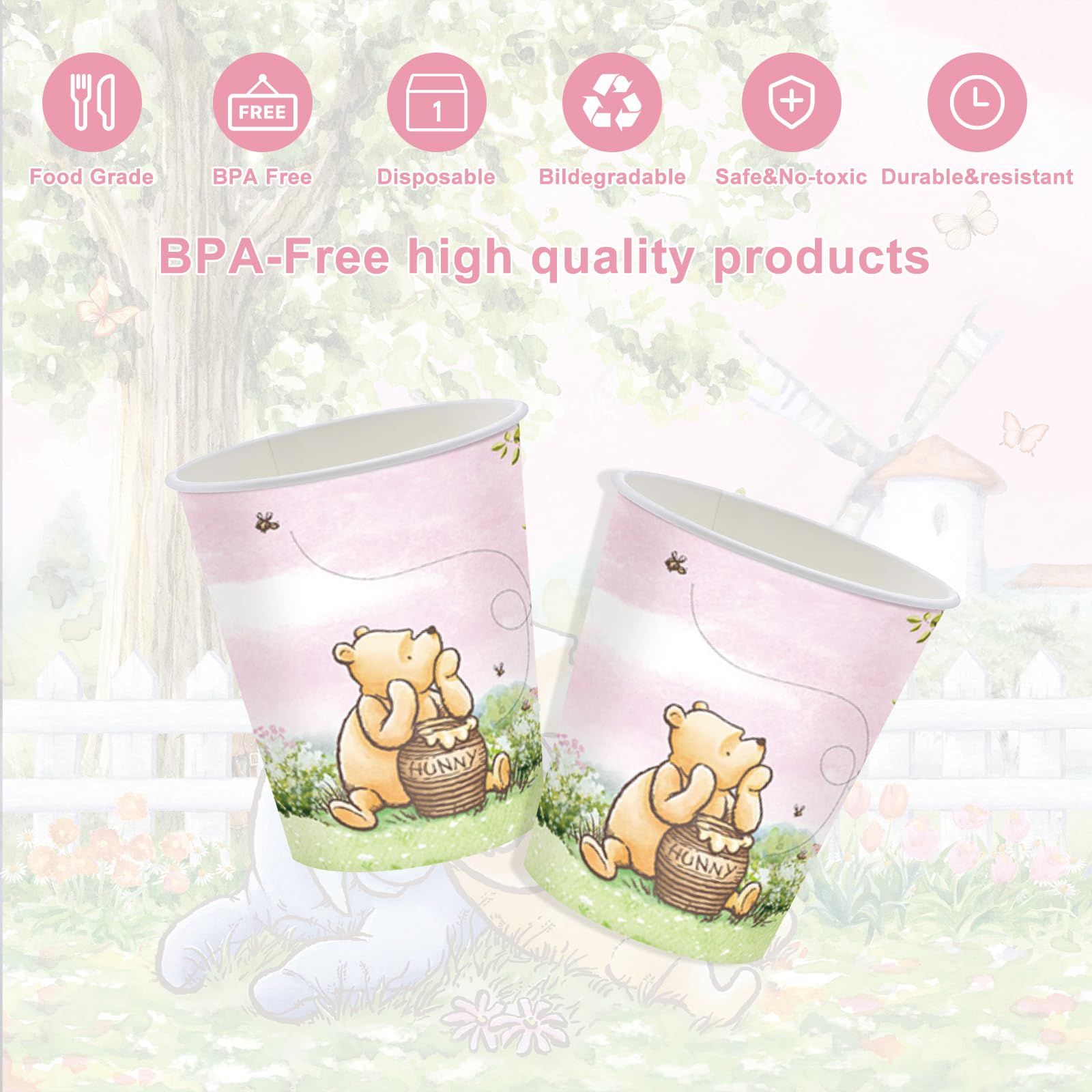 122Pcs Classic Bear Baby Shower Party Supplies For Baby Girls Kids1St First Birthday Pink Neutral Winnie Bear Themed Disposable