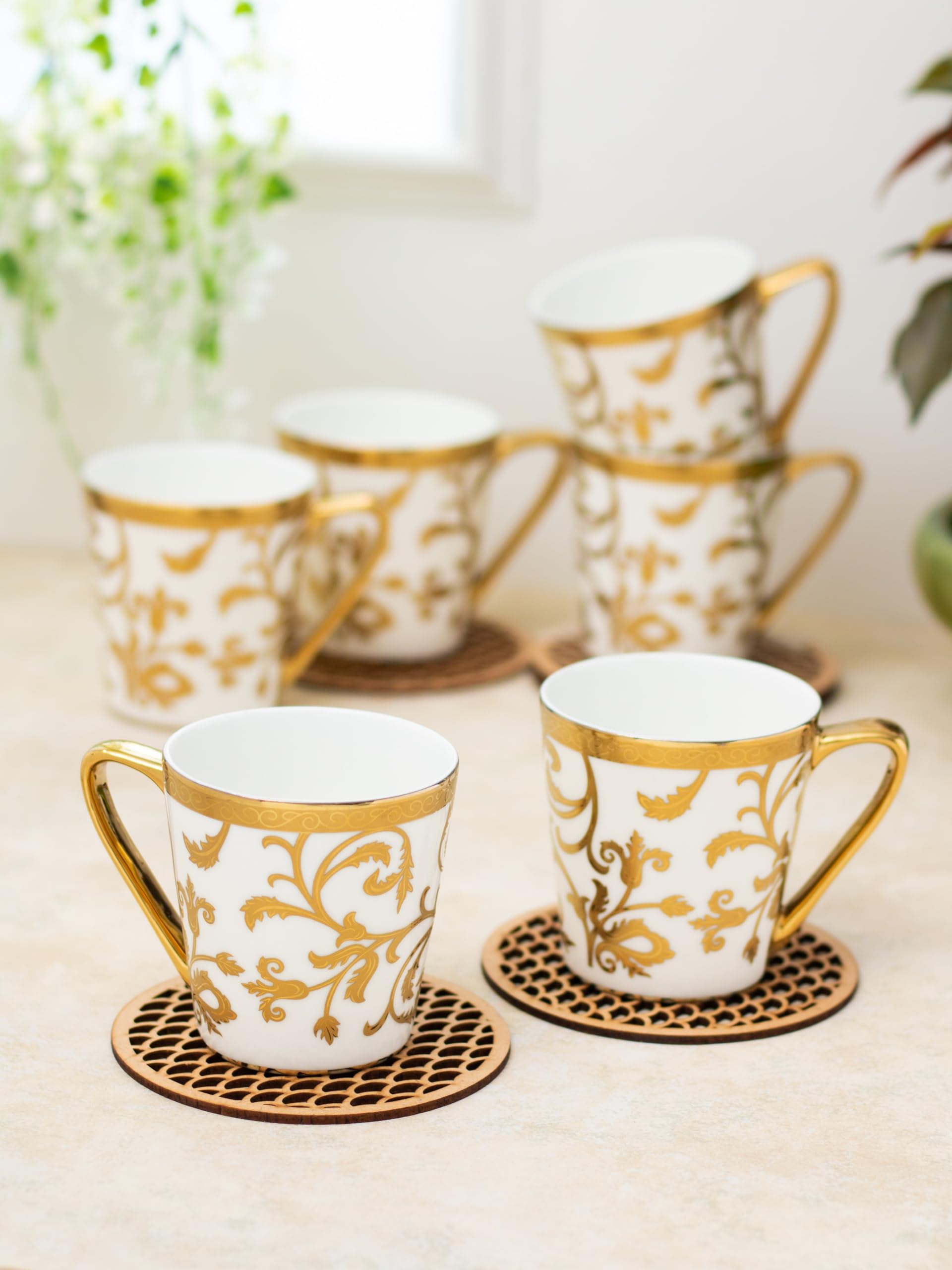 Clay Craft Fine Ceramic Gold Printed Tea/Coffee Cup Set Of 6-200 Ml Each (Ebony E607), Tea Cup Set Of 6, Mugs For Coffee, Cups S
