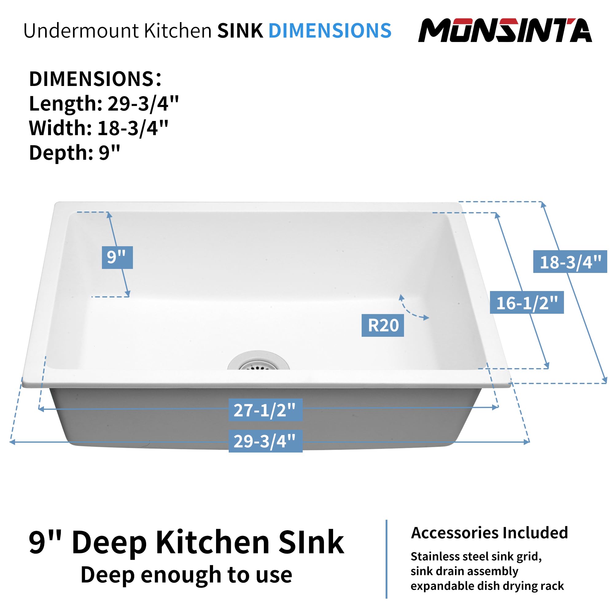 Monsinta Undermount Kitchen Sink, 30 Inch White Kitchen Sink, Granite Composite Sink, Single Bowl Kitchen Sink, Kitchen Sink Und